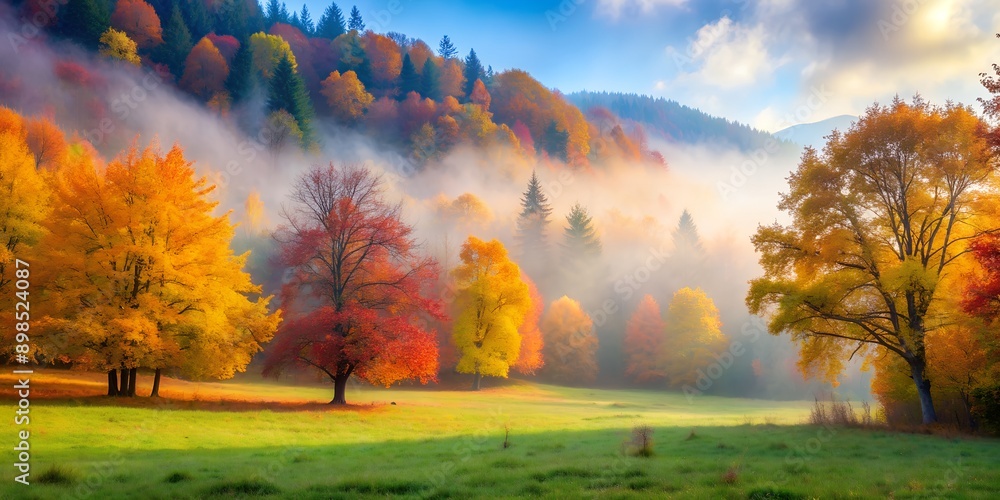 Canvas Prints mist over the colorful autumn forest by the meadow Creative AI