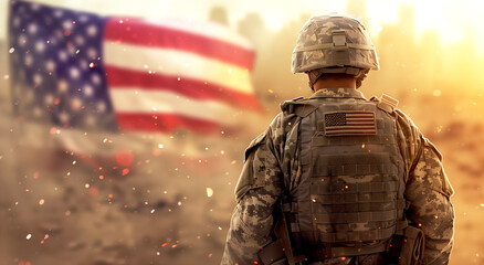 Back side of an American soldiers standing with his rifle in the battlefield light with USA flag background. Generative AI.