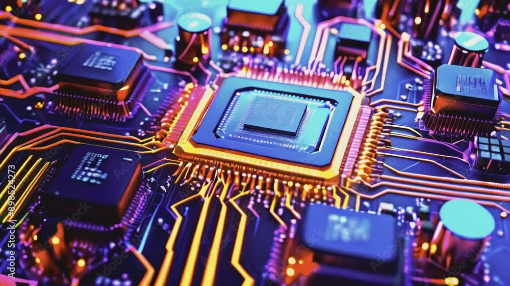 Poster futuristic colorful ai accelerated microchip powering entire system. chip activates circuit board. s