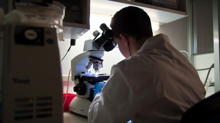 A scientist in a lab coat examines a sample under a microscope.
