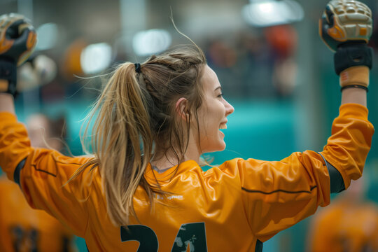 A Triumphant Handball Goalkeeper Celebrates Victory With a Raised Fist