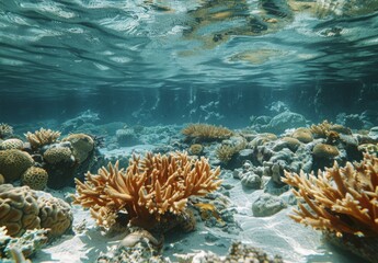 A detailed shot of a deteriorating coral reef with broken and discolored corals