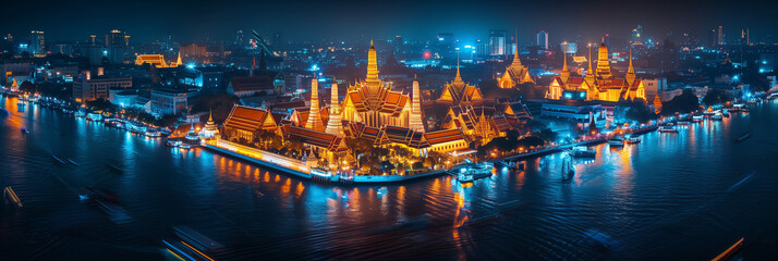 Obraz premium Aerial view of a Thai temple along the river at night lit up with colorful lights.