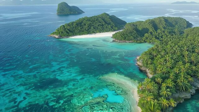 View from the dran, flight over tropical islands with green jungles and white beaches and clear blue waters.
Concept: exotic vacation and ecotourism