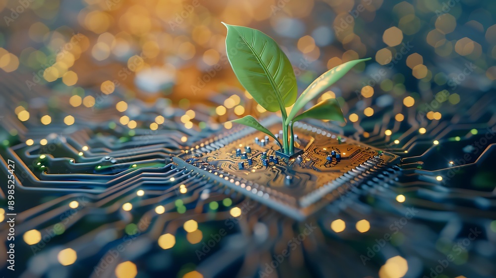 Poster glowing plant sprouting from a computer chip on a circuit board, symbolizing digital ecology, with a