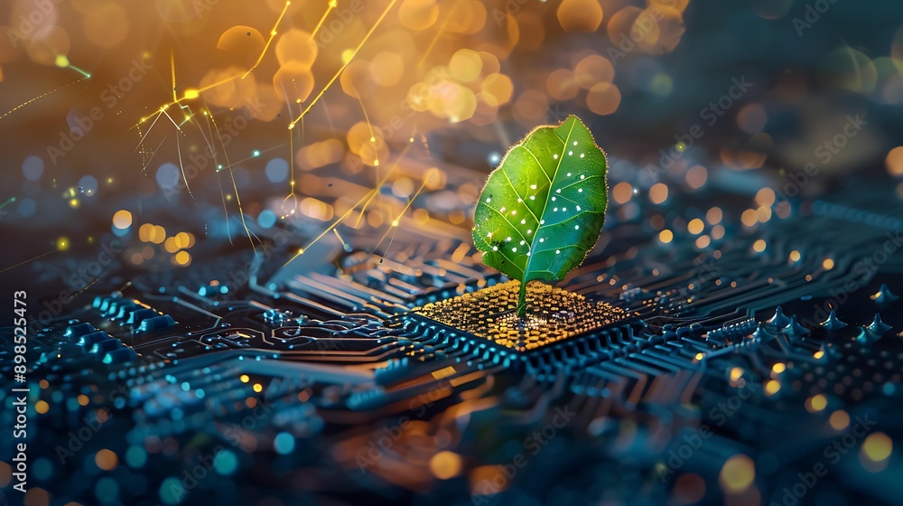 Poster glowing plant sprouting from a computer chip on a circuit board, symbolizing digital ecology, with a