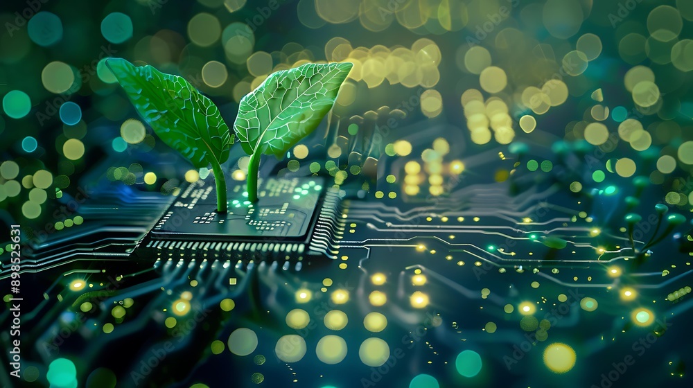 Aufkleber glowing plant sprouting from a computer chip on a circuit board, symbolizing digital ecology, with a