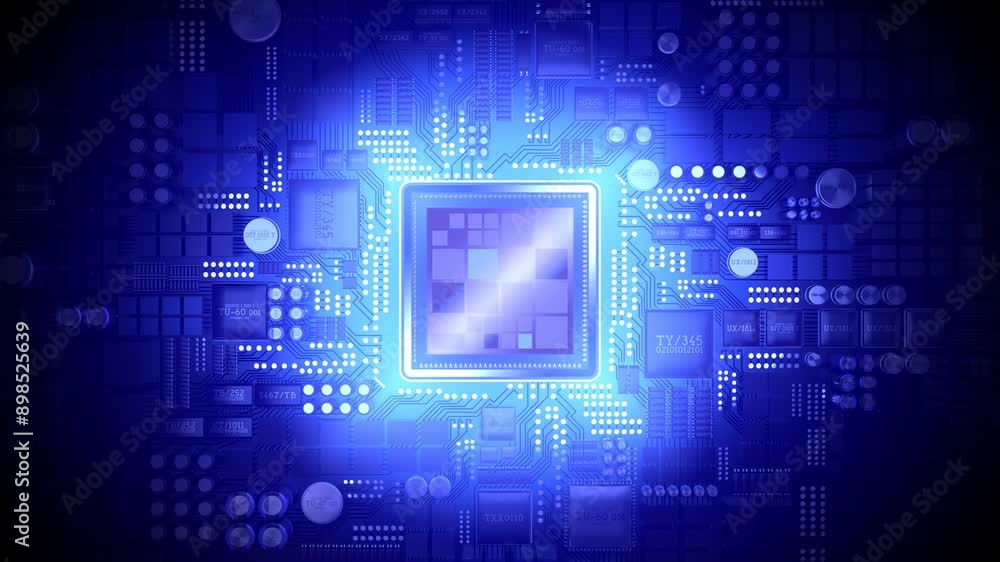 Poster computer processor and light rays - 3d 4k animation (3840 x 2160 px)