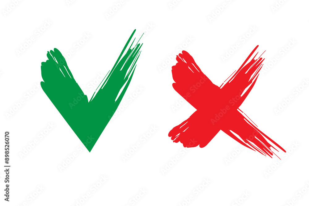 Poster check mark icon. red cross symbol. brush stroke vector. green and red elements.