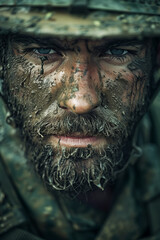 Closeup of a soldier camouflaged with mud on his face in the rain.