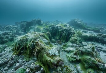 Fototapeta premium A detailed view of a once vibrant coral reef now covered in algae and showing signs of decay