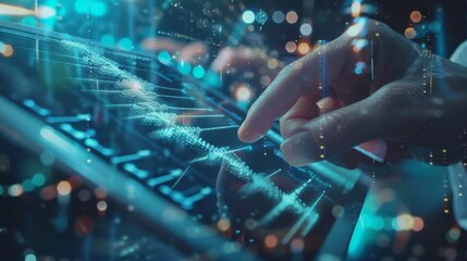 A biotechnologist uses a tablet to analyze genetic data in a modern laboratory, emphasizing technological advancements in medical research.
