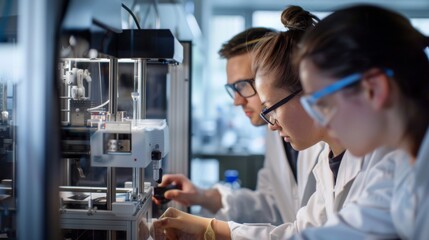 A team of scientists working with a 3D bioprinter in a high-tech lab, showcasing advanced research and innovative biotechnology techniques.
