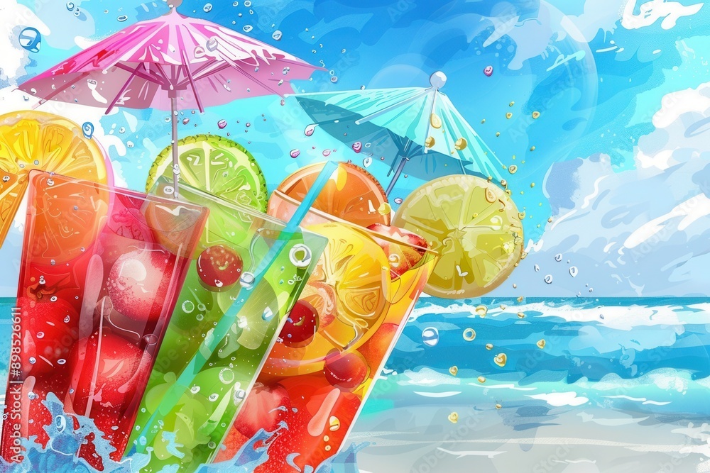 Poster three colorful cocktails with fruit garnishes and umbrellas are shown in front of a beach with ocean