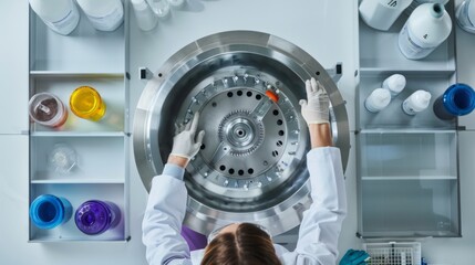 Scientist operates a centrifuge machine viewed from above, conducting an experiment in a modern laboratory setting.
