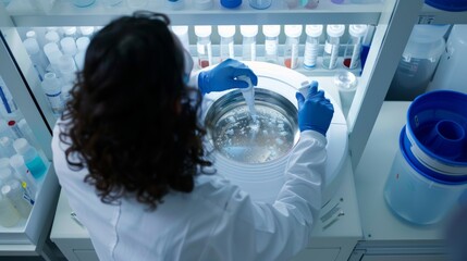 Scientist operates a centrifuge machine viewed from above, conducting an experiment in a modern laboratory setting.
