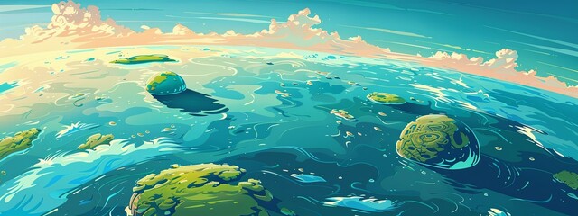 A planet covered mostly by water, with small, scattered islands.