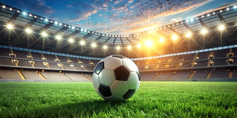 Soccer ball on the green grass and goal net in football stadium AI-Created Content