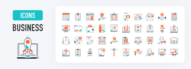 Business icons set. Such as finance, money, bank, contact, infographic, report, graph, briefcase, portfolio, deal, coin, b2b, statistics, agreement, payment, worldwide, mail, meeting vector icon 