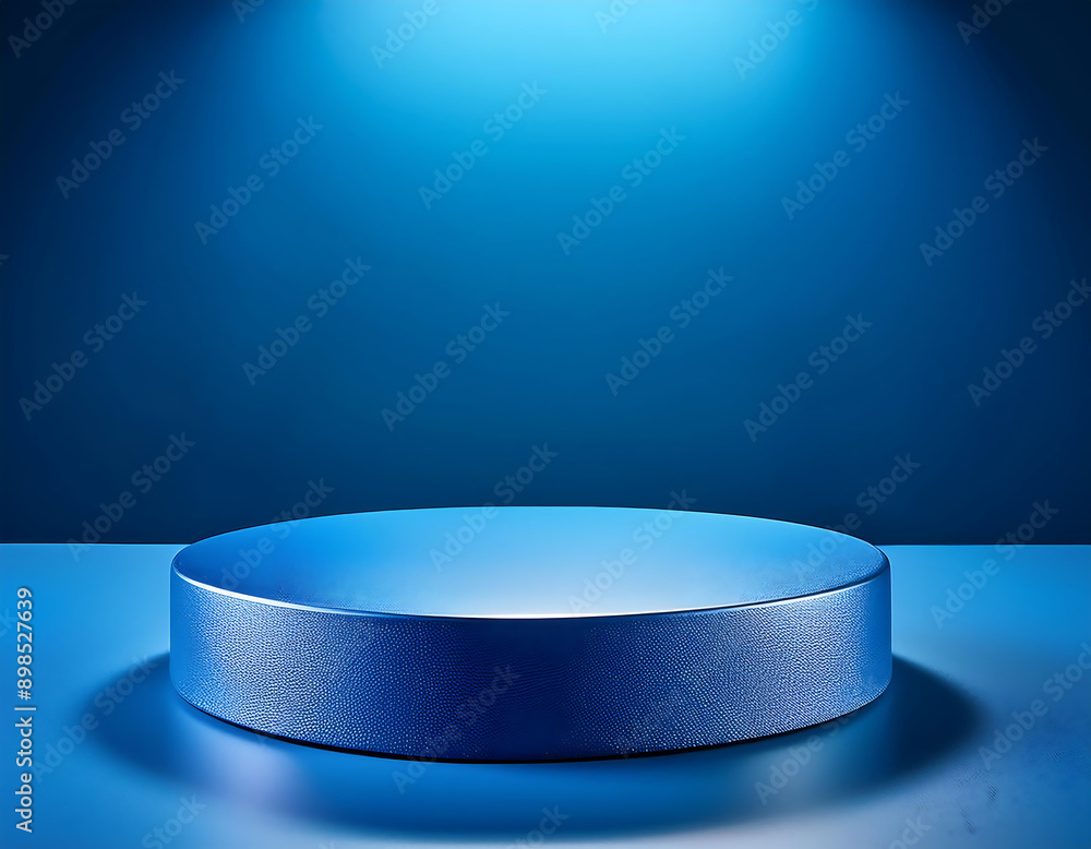 Poster blue platform product podium- a 3d studio setup with a blue pedestal for product display. t_1(86)