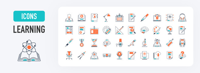 Learning icon set. Containing as study, graduation, student, knowledge, learning, school and stationery, university, webinar, online education icon vector illustration.  © Vector Market