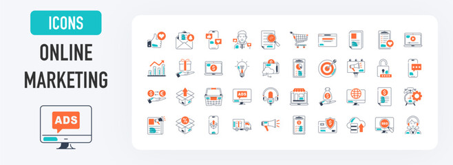 Online marketing icons set. Such as web development, optimization, target audience, email, invoice, free delivery, product, gift, advertising, article, like, social media vector icon illustration.	