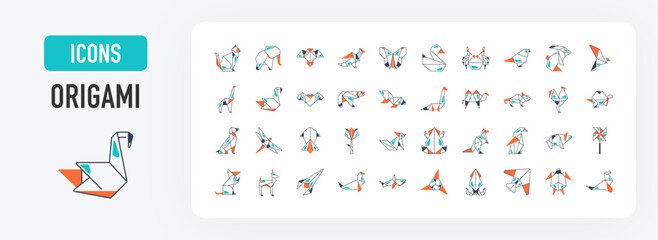 Origami folded paper animals shapes icons set. Such as bird, crane, cat, dog, rhino, fox, mouse, elephant, owl, penguin, pig, pinwheel, rabbit flat icon illustration collection.
