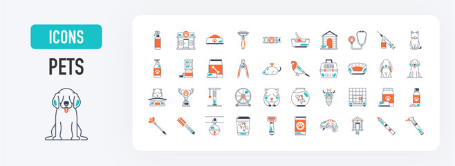 Pet, vet, pet shop icon set. Minimal thin web icons. Cat, fish, bowl, vaccine, carrier, anti bug, collar, shampoo, bed, grooming rake, lice, dog food vector illustration.	
