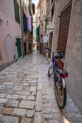 Old historical dreamy streets. Beautiful houses and businesses in a romantic tourist location. Beautifully landscaped streets and small squares in Rovinj, Istria, Croatia