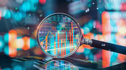 Magnifying Glass Enlarging Digital Financial Data With Blurred Background Lights