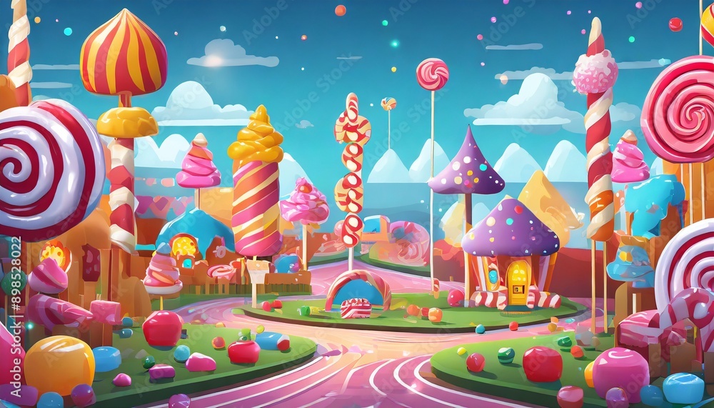 Wall mural sweet landscape of candies and lollipops