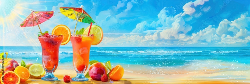 Poster two colorful cocktails with fruit garnishes and paper umbrellas sit on a beach with a blue ocean and