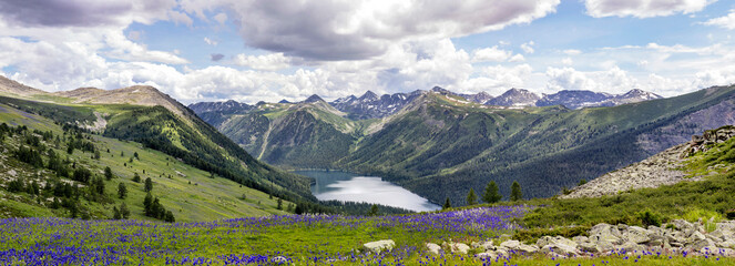 large panorama of mountains and lake in eastern Kazakhstan
