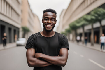 Fototapeta premium portrait of a smiling african american woman wearing blank black t-shirt mockup on blurred morning city background