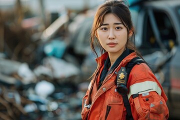 Portrait of an asian paramedic  posing in front of a car crash site