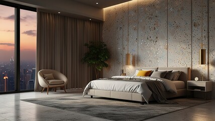 Modern style luxury interior with city view 3d render, There are terrazzo floor decorated wall with hidden light
