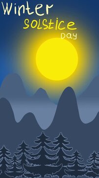 Winter solstice animation. The sun rises from behind the mountains and sets behind the mountains. Vertical video.