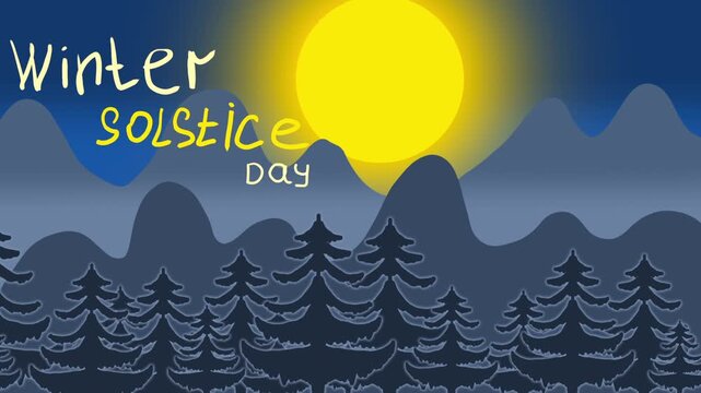 Winter solstice animation. The sun rises from behind the mountains and sets behind the mountains. 