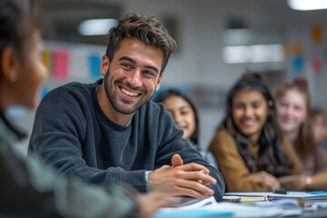 Male lecturer helps teens understand new theme during class.