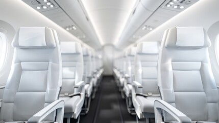 Obraz premium Luxurious Aerial Escape - Panoramic View of Modern Aircraft Interior with Spacious Seating and Seatback Screens, Perfect for Luxury Air Travel Advertising