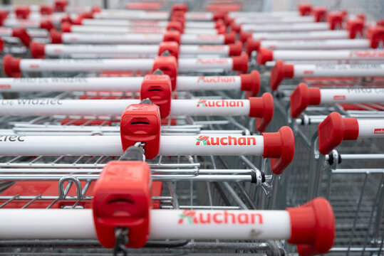 Shopping carts of Auchan store in Wroclaw, Poland