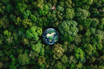 Save Earth with aerial view of green forest and globe.