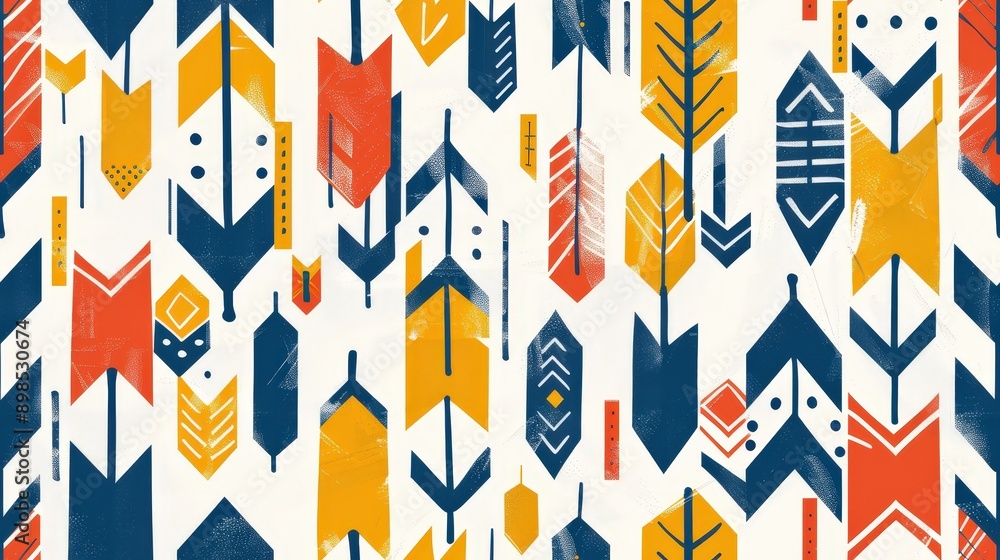 Poster a seamless pattern featuring bold, colorful arrows in various sizes and shapes on a white background