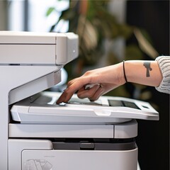 person is try to print something , in large printer of white color .