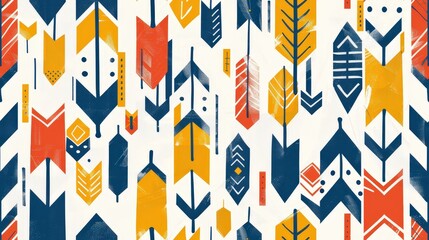 A seamless pattern featuring bold, colorful arrows in various sizes and shapes on a white background