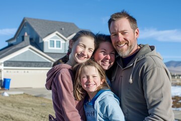Fototapeta premium A happy family pose in front of their new house.