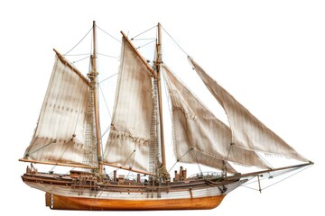 Antique model sailing ship isolated with clipping path.