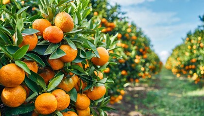 Tangerine tree or Citrus tangerina completely covered with ripe fruits. Great harvest in the orchard.