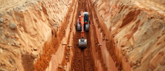 Industrial Excavator Digging Trench for Pipeline Installation - Construction Site Infrastructure Development Concept