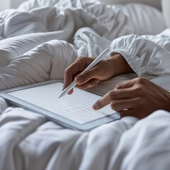 personn using tablet for drawing on a white blanket 